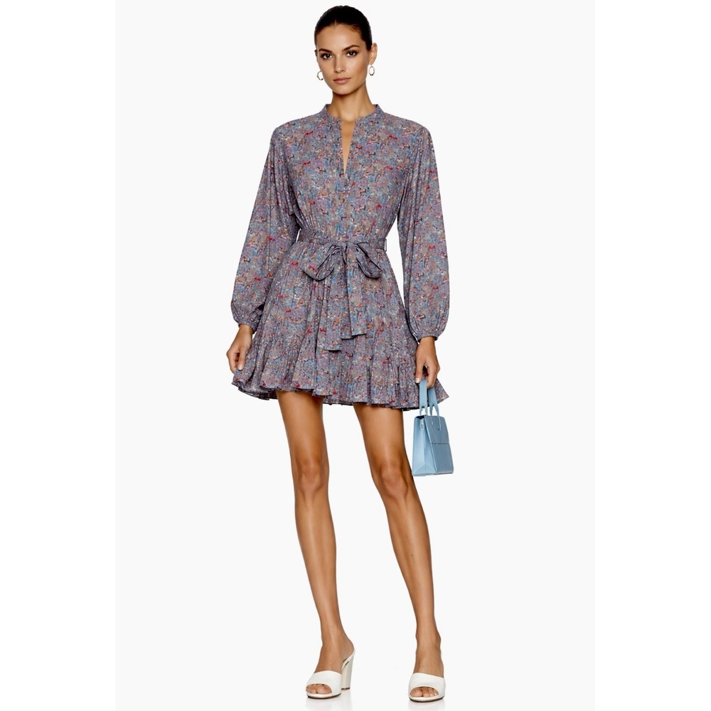 RHODE Emma Dress Midnight Garden Blue Tie Waist Flutter‎ Hem Toile Print M